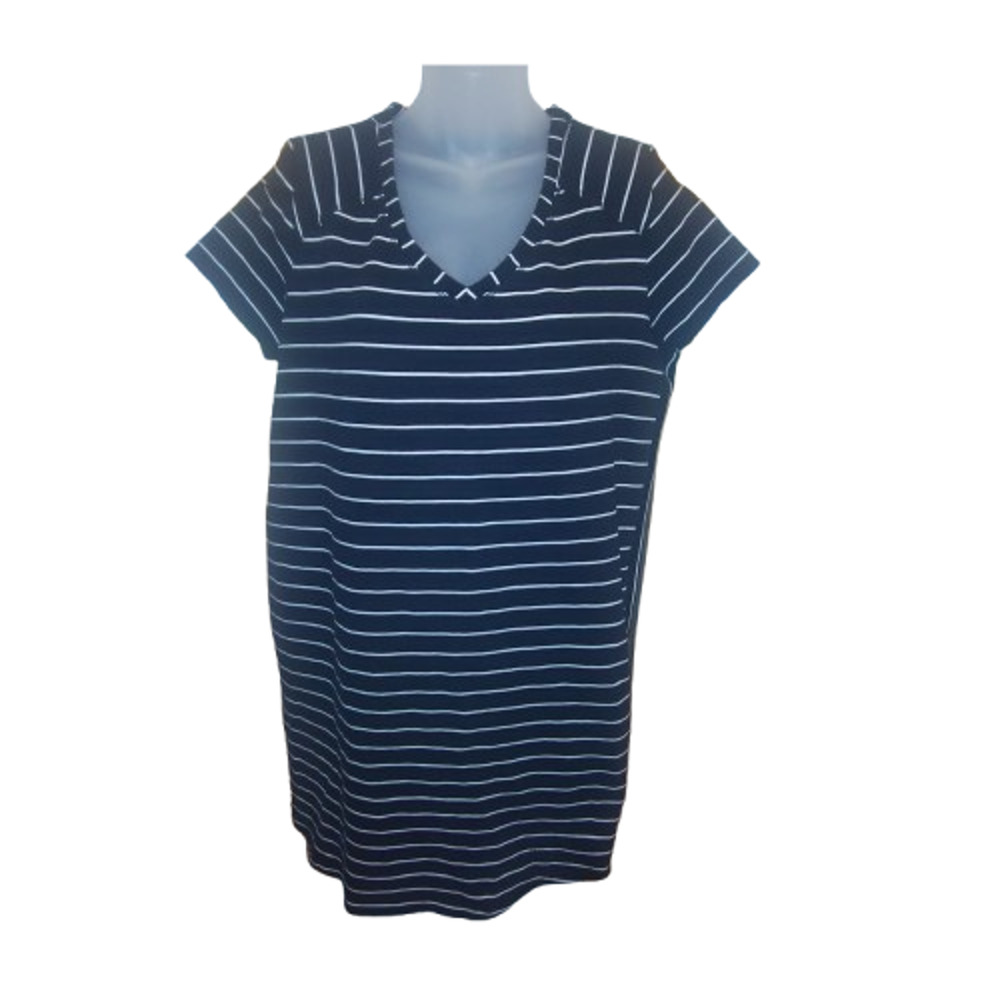 Merona Women’s Black White Stripes V Neck Short Sleeve Tunic Top Size XL BG28